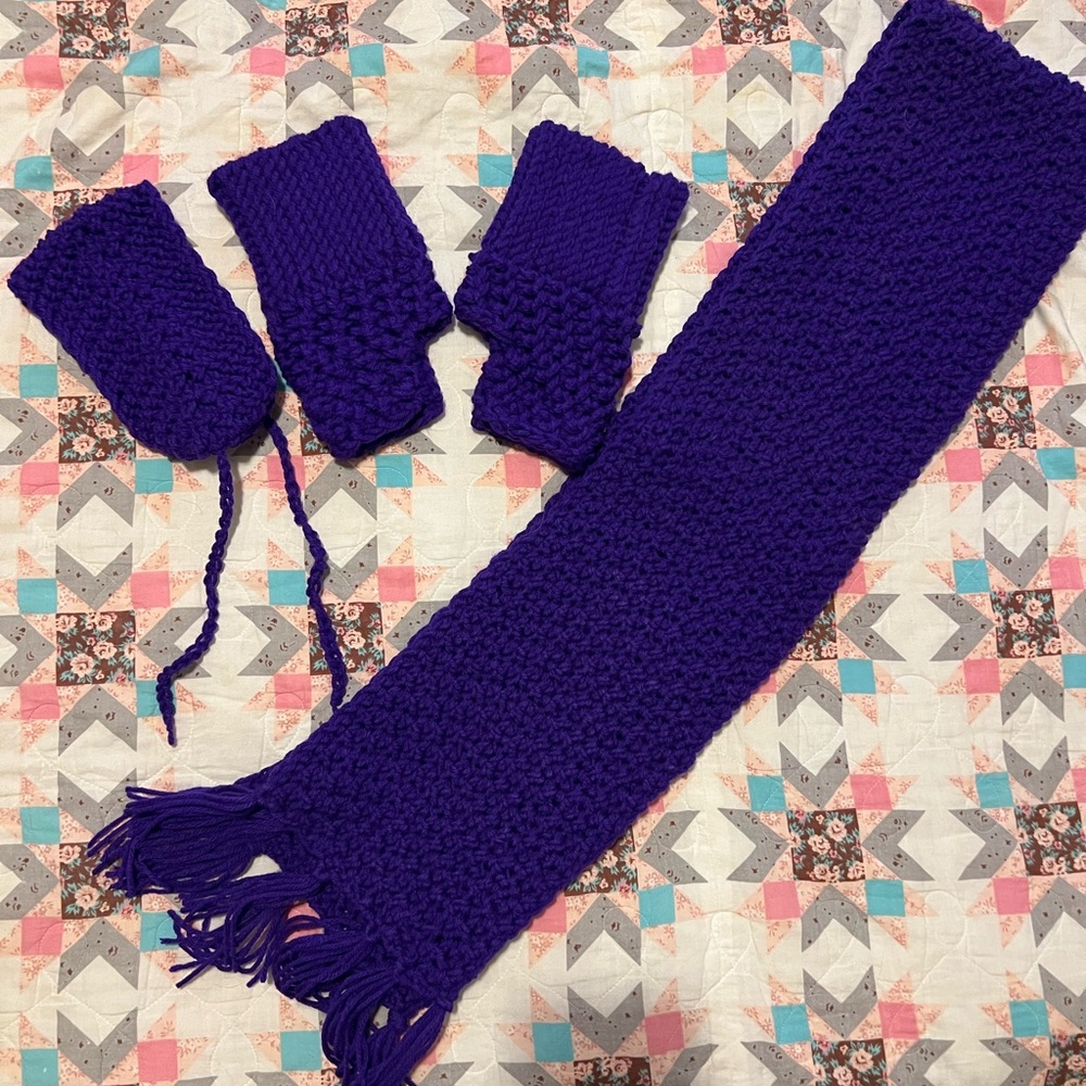 Purple crocheted scarf, earmuff and mittens set